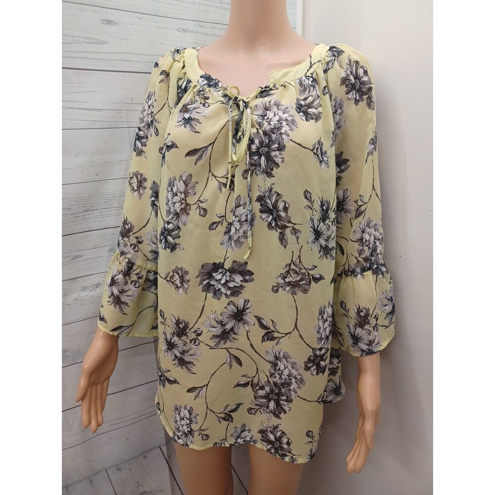 AGB Floral Top 1X Yellow Black Semi-Sheer Blouse Boho Office